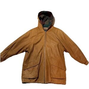Men Vintage LNR Suede Leather Hooded Jacket Size Large Brown Zip-Up